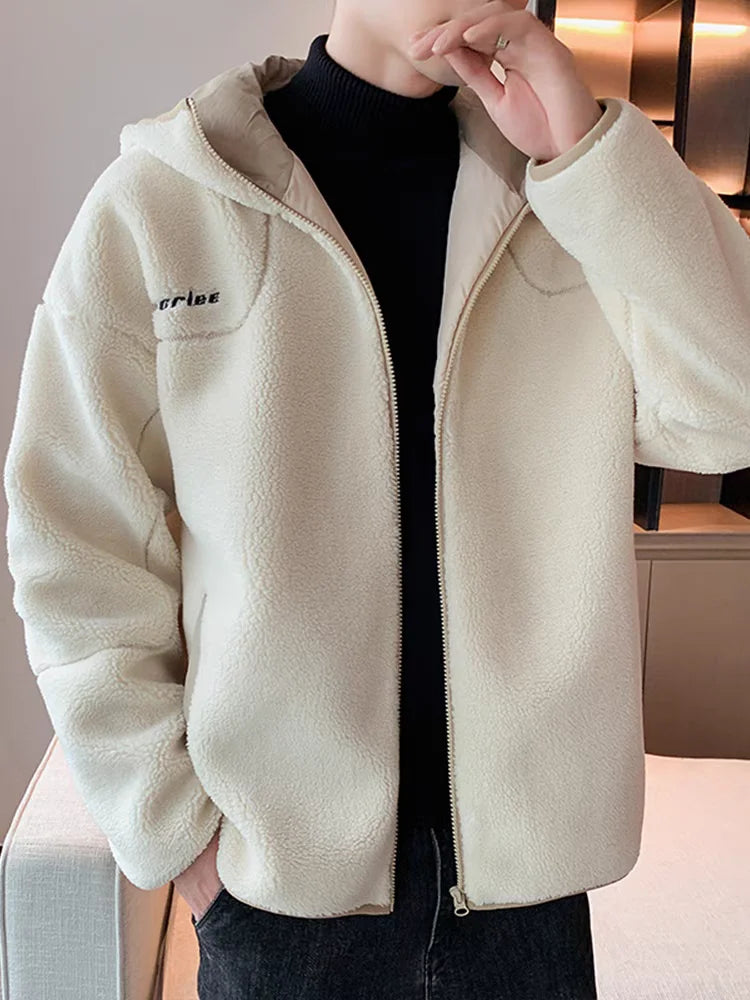 Fashion Hooded Lamb Wool Men Coats Casual Thicken Long Sleeve Pocket Zipper Jackets Vintage Oversized Loose Fleece Outwear 2024