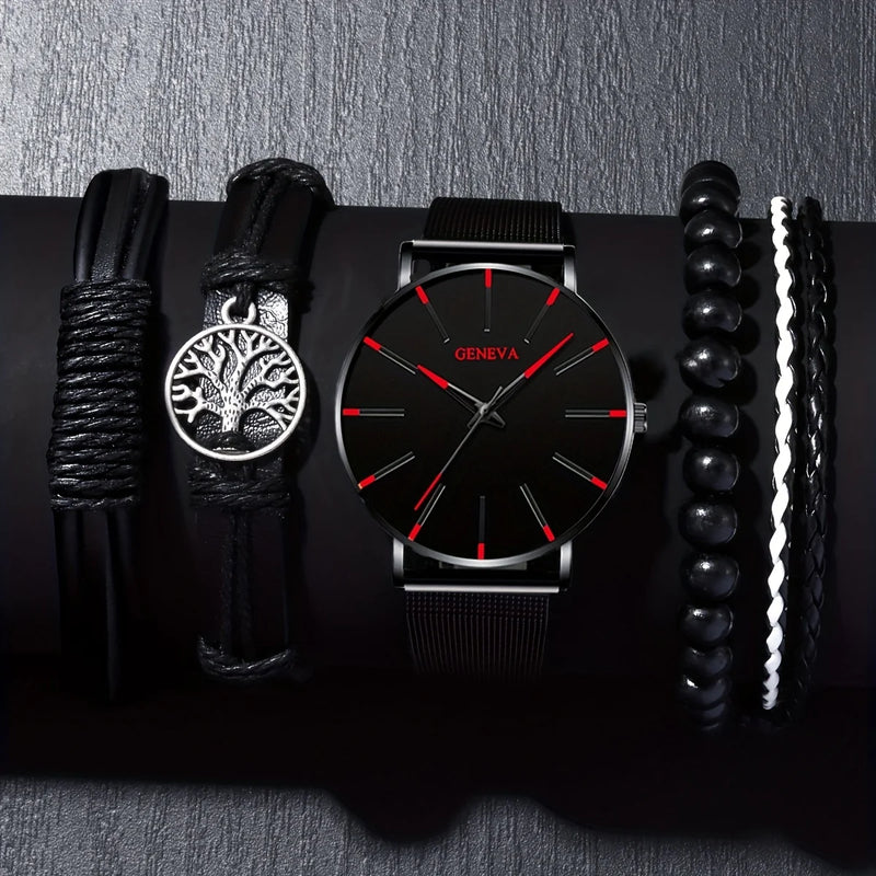 Relógio Pulseira de Metal Preta c/ 4 braceletes fashion