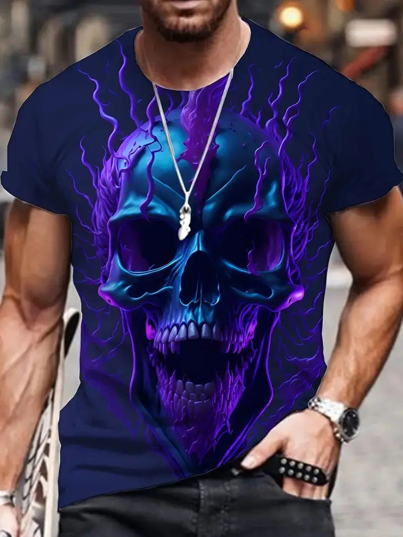 Men's Halloween Terrifying Skull 3D Digital Print T-Shirt, Novelty T-Shirt, Fashionable and Comfortable Top, Summer Fashion，2024