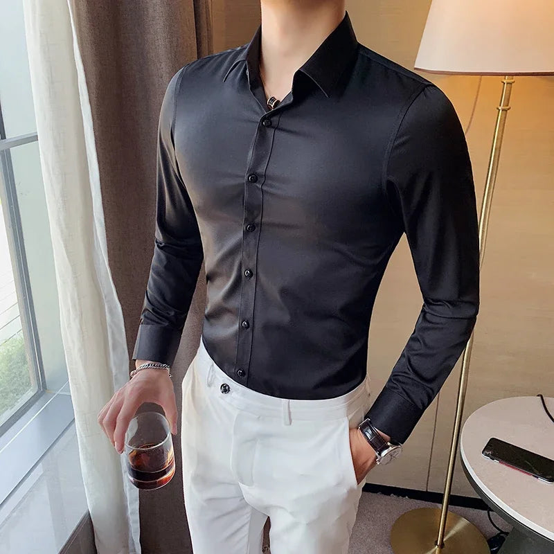 2024 New Boutique Fashion Solid Color Formal Wedding Dress Men's Long-sleeved Shirts Club Banquet Party Social Male Shirt