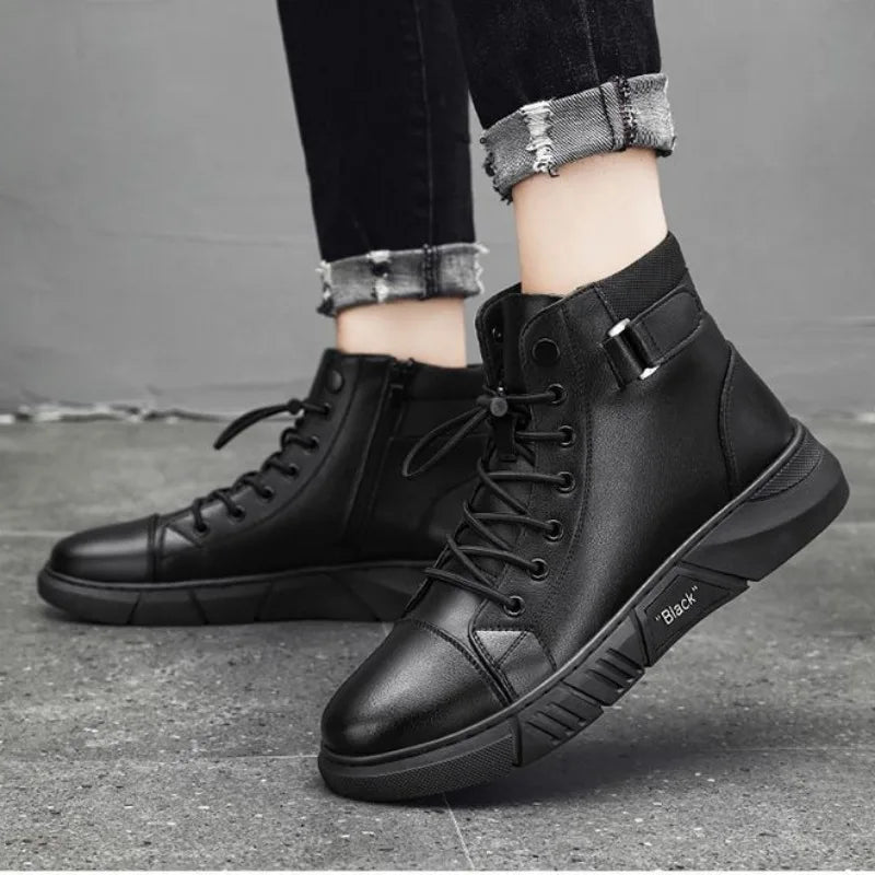 2024 New Mens Boots Fashion Platform Boots High Top Waterproof Leather Boots For Men Motorcycle Boot Big Size48 Botas Masculinas