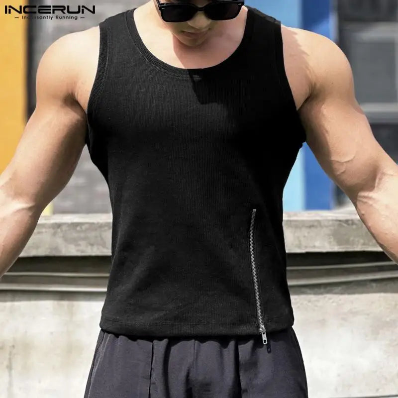 INCERUN 2024 Men Tank Tops O-neck Sleeveless Zipper Fitness Streetwear Casual Vests Solid Workout Fashion Men Clothing S-5XL
