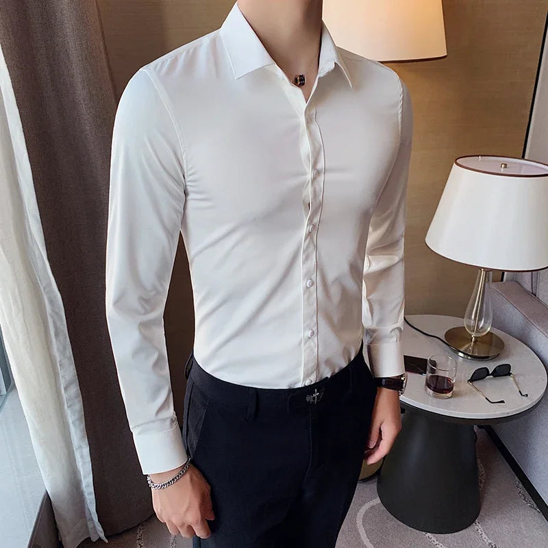 2024 New Boutique Fashion Solid Color Formal Wedding Dress Men's Long-sleeved Shirts Club Banquet Party Social Male Shirt