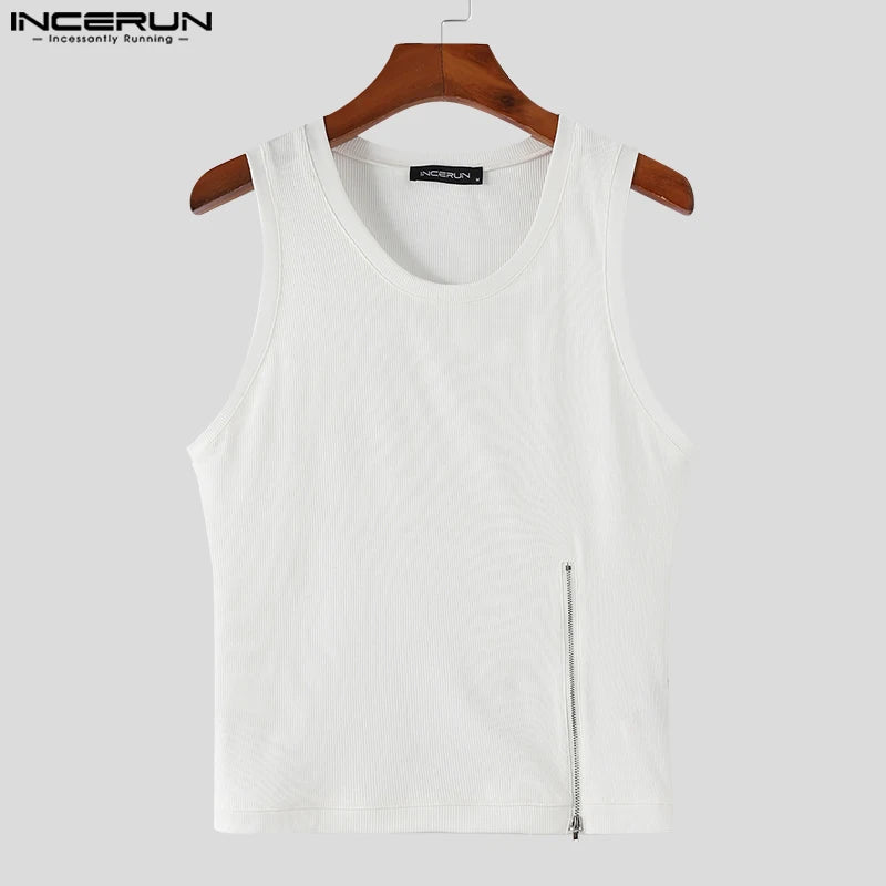 INCERUN 2024 Men Tank Tops O-neck Sleeveless Zipper Fitness Streetwear Casual Vests Solid Workout Fashion Men Clothing S-5XL