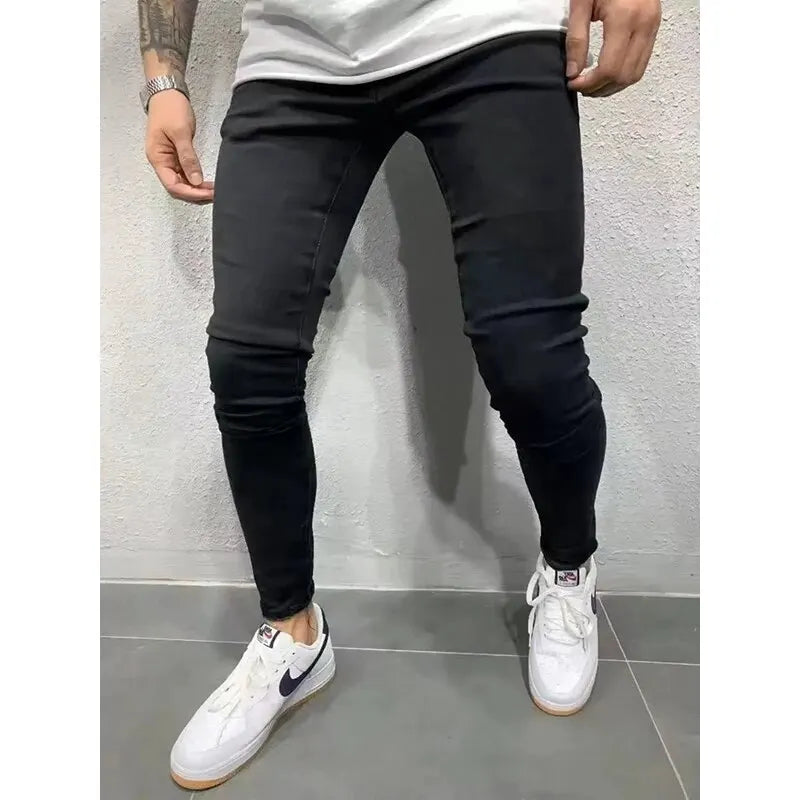 2024 New Men's Solid Color Fashion High Street Elastic Tight Small Foot Jeans High-quality Casual Vintage Daily Knitted Pants