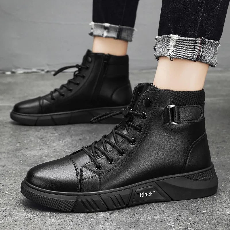 2024 New Mens Boots Fashion Platform Boots High Top Waterproof Leather Boots For Men Motorcycle Boot Big Size48 Botas Masculinas